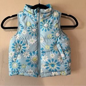 LL Bean Girl's Goose Down Reversible Puffer Vest Size 4T Blue Floral & Solid